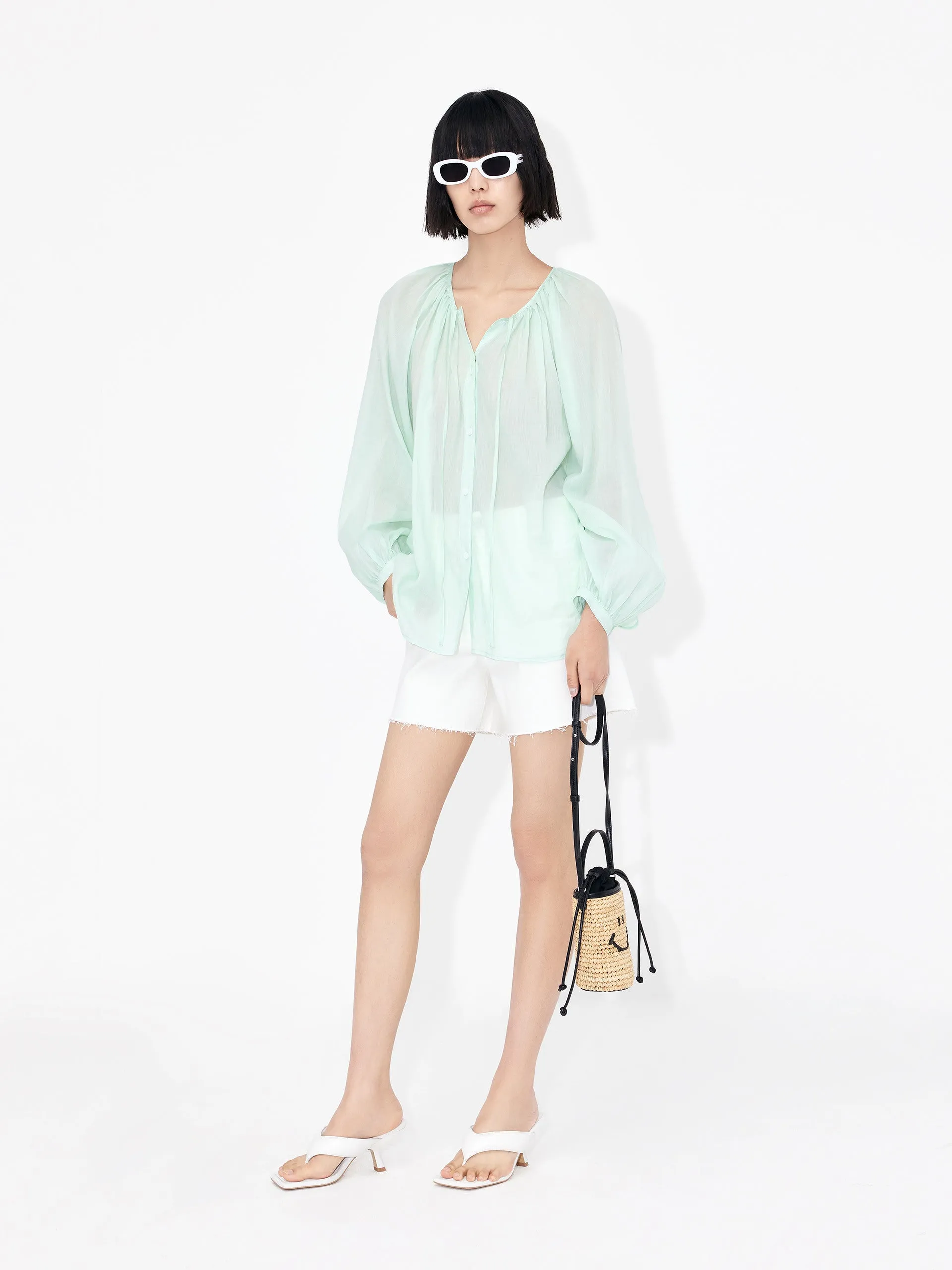 Lace-up Cotton Shirt Top