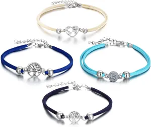 LAIMIO 4 Pcs Anklets Bracelet-Women Anklet Boho Beads Antique Silver Life Tree Anklets Foot Chain Beach Jewelry