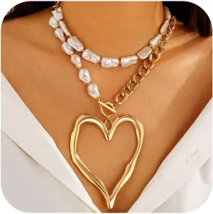 Large Heart Statement Necklaces for Women Chunky Gold Necklace Layered Love Pearl Choker Necklace Set Dainty Statement Jewelry Gift