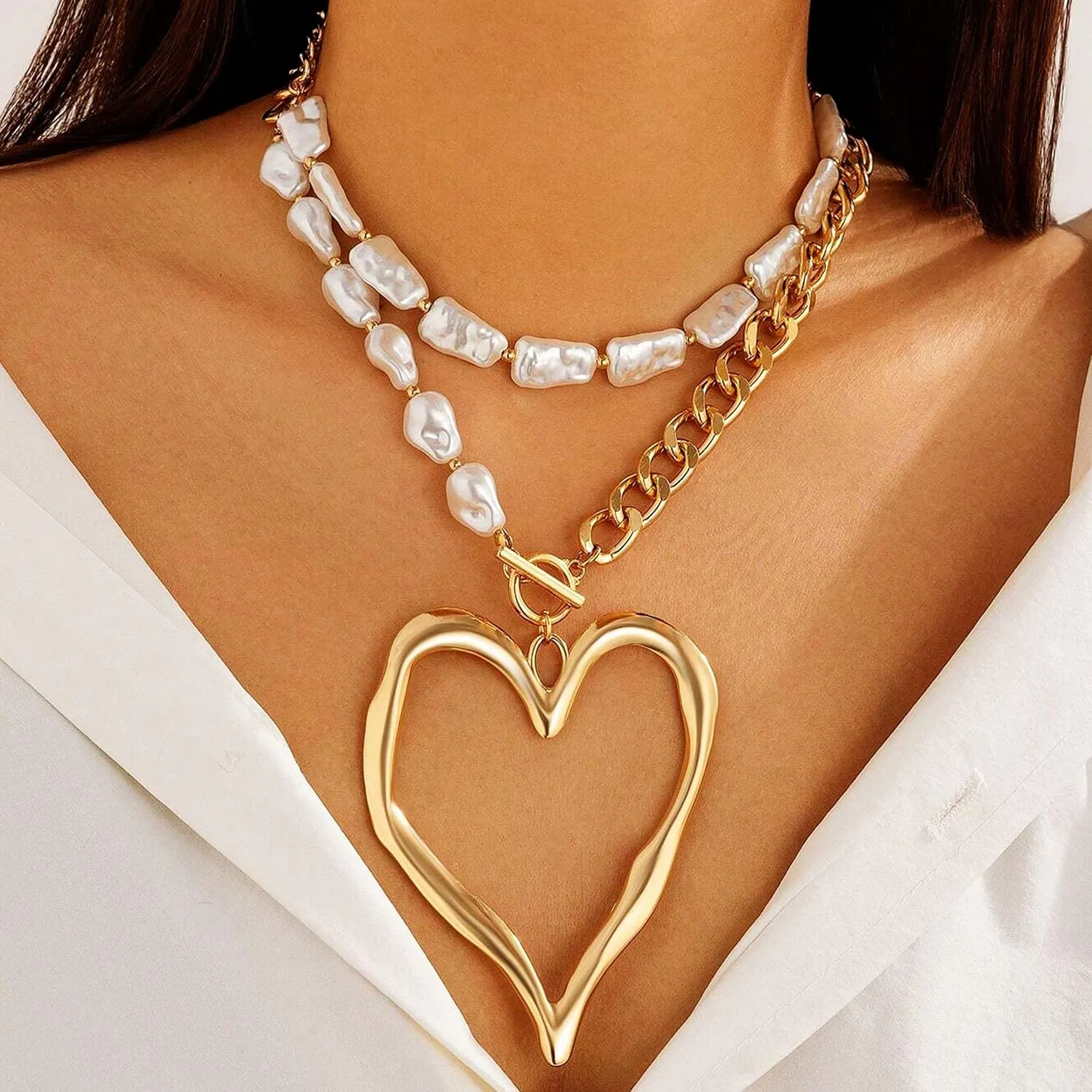 Large Heart Statement Necklaces for Women Chunky Gold Necklace Layered Love Pearl Choker Necklace Set Dainty Statement Jewelry Gift