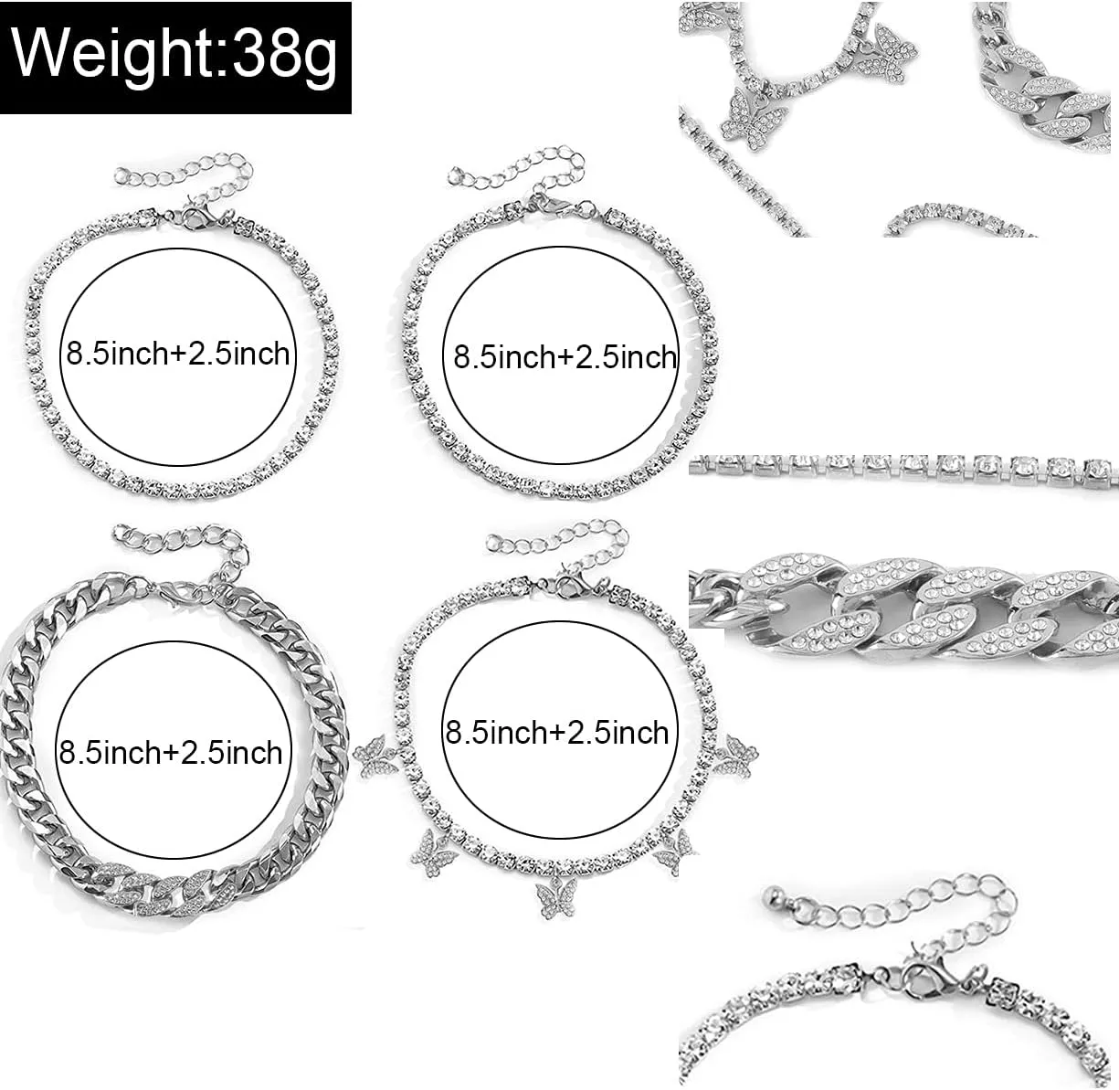 Layered Butterfly Anklet For Women Charms Butterfly Gold Silver Rhinestone Cuban Anklets Adjustable Anklet For Summer Beach