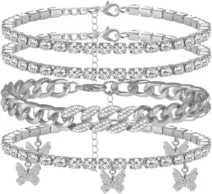 Layered Butterfly Anklet For Women Charms Butterfly Gold Silver Rhinestone Cuban Anklets Adjustable Anklet For Summer Beach