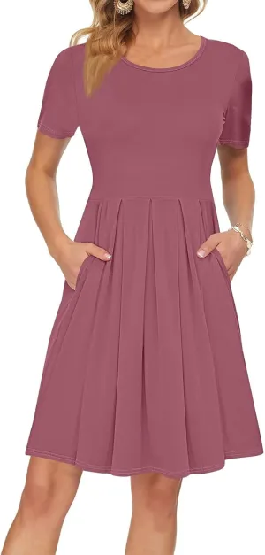 lcyhony Midi Dresses for Women Casual Summer Short Sleeve Crewneck Pleated Tshirt Dress Y2k Vacation Beach Dress with Pockets