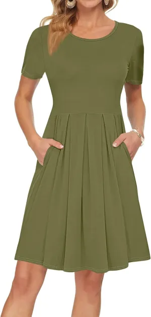 lcyhony Midi Dresses for Women Casual Summer Short Sleeve Crewneck Pleated Tshirt Dress Y2k Vacation Beach Dress with Pockets