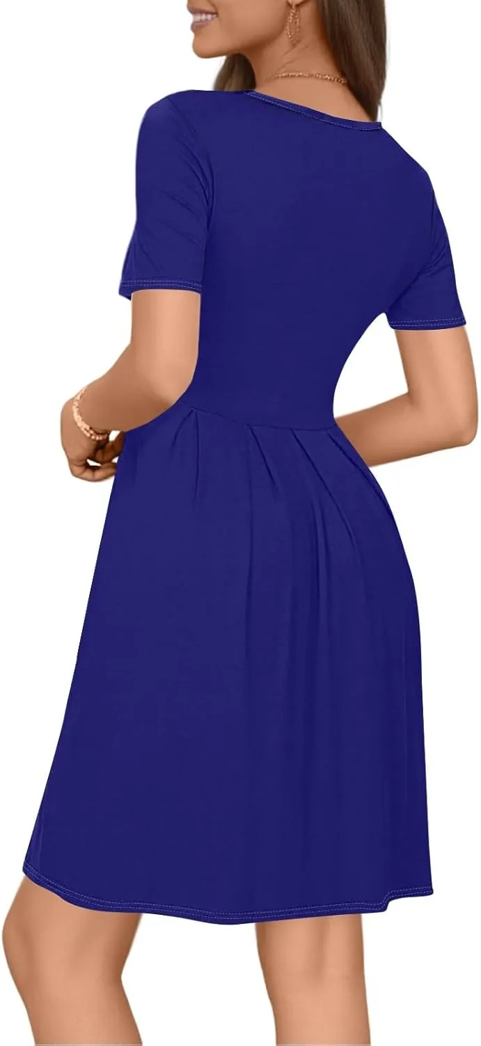 lcyhony Midi Dresses for Women Casual Summer Short Sleeve Crewneck Pleated Tshirt Dress Y2k Vacation Beach Dress with Pockets