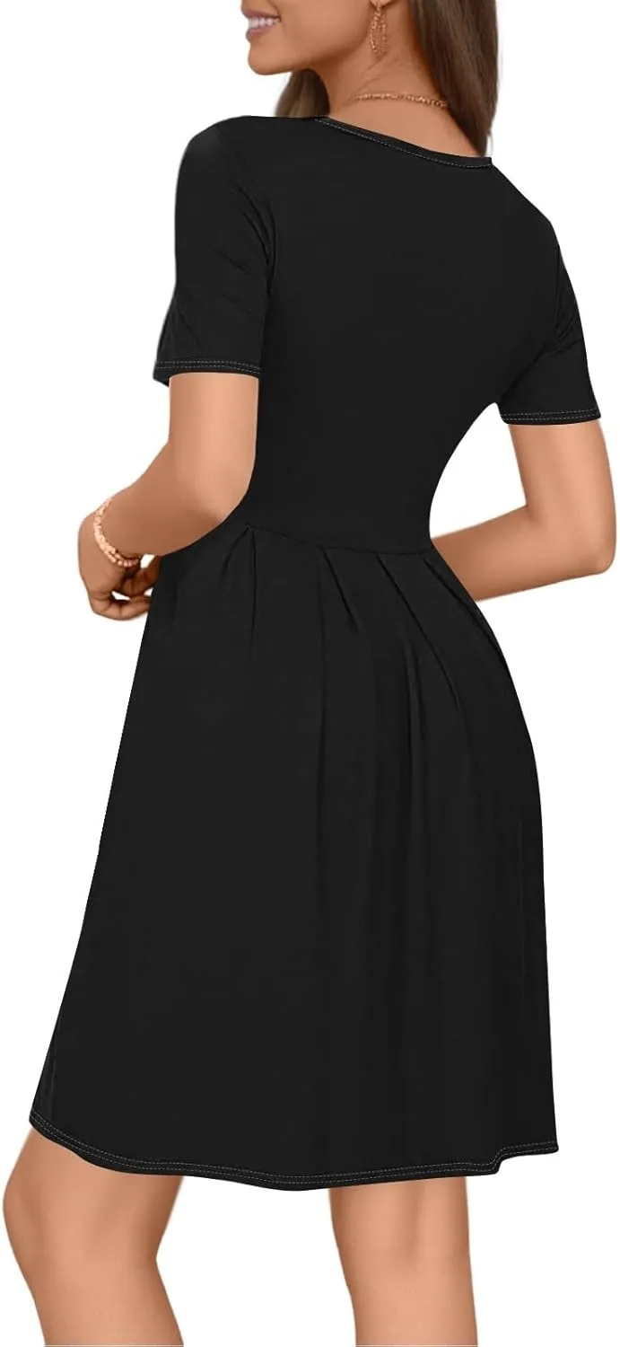 lcyhony Midi Dresses for Women Casual Summer Short Sleeve Crewneck Pleated Tshirt Dress Y2k Vacation Beach Dress with Pockets