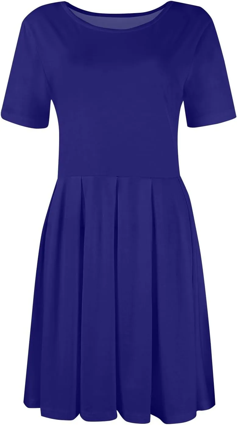 lcyhony Midi Dresses for Women Casual Summer Short Sleeve Crewneck Pleated Tshirt Dress Y2k Vacation Beach Dress with Pockets
