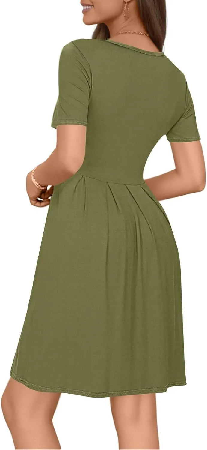 lcyhony Midi Dresses for Women Casual Summer Short Sleeve Crewneck Pleated Tshirt Dress Y2k Vacation Beach Dress with Pockets