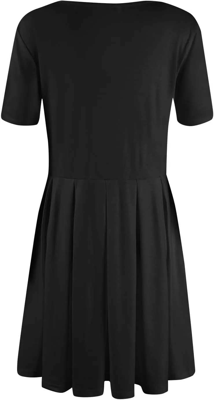 lcyhony Midi Dresses for Women Casual Summer Short Sleeve Crewneck Pleated Tshirt Dress Y2k Vacation Beach Dress with Pockets