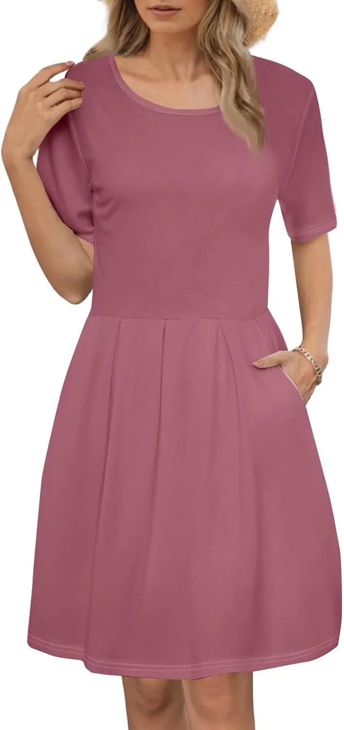 lcyhony Midi Dresses for Women Casual Summer Short Sleeve Crewneck Pleated Tshirt Dress Y2k Vacation Beach Dress with Pockets