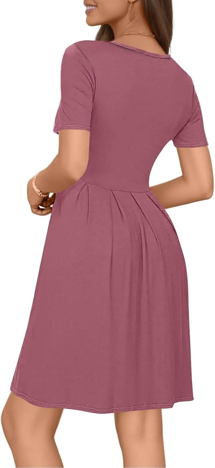 lcyhony Midi Dresses for Women Casual Summer Short Sleeve Crewneck Pleated Tshirt Dress Y2k Vacation Beach Dress with Pockets