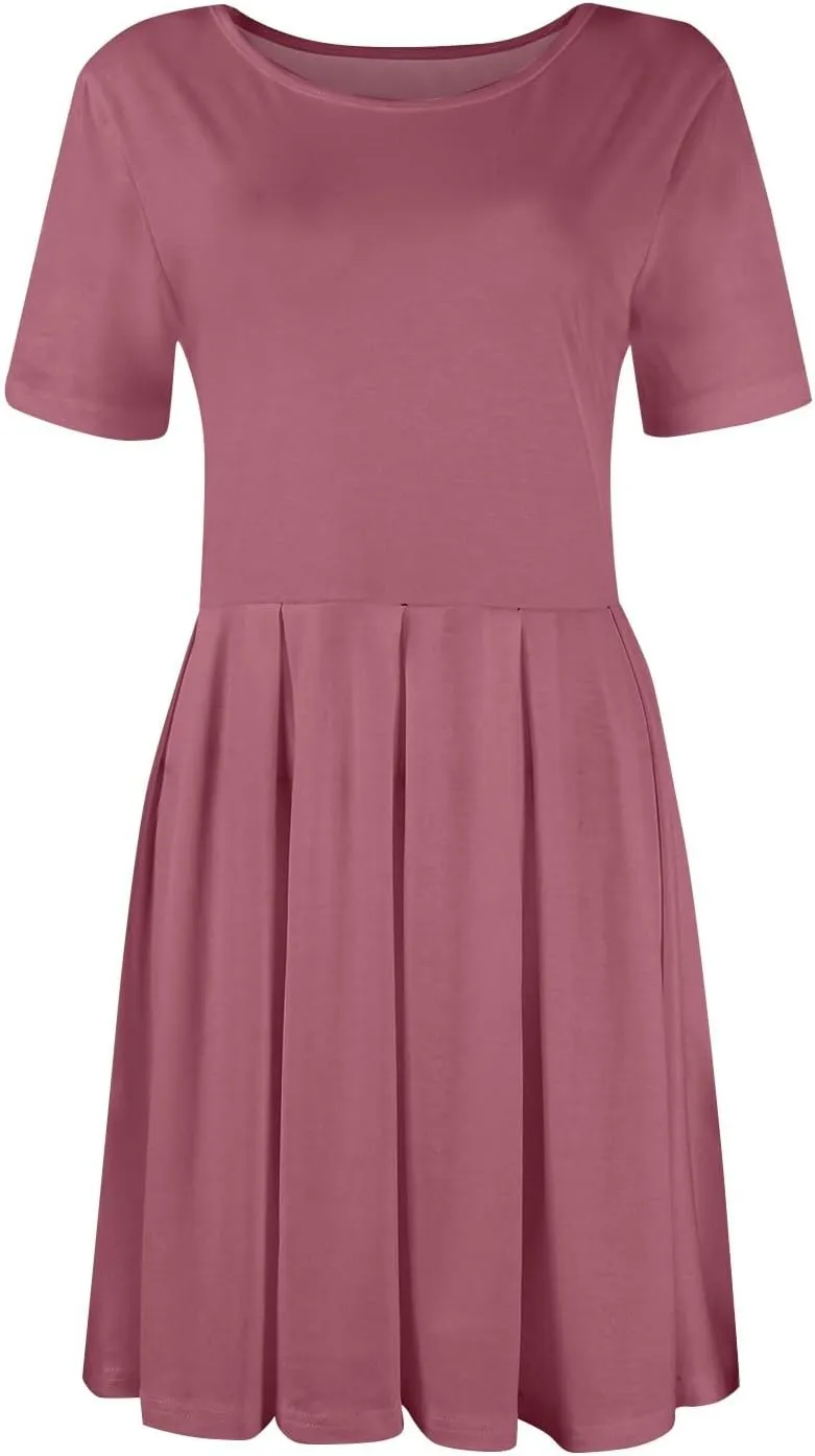 lcyhony Midi Dresses for Women Casual Summer Short Sleeve Crewneck Pleated Tshirt Dress Y2k Vacation Beach Dress with Pockets