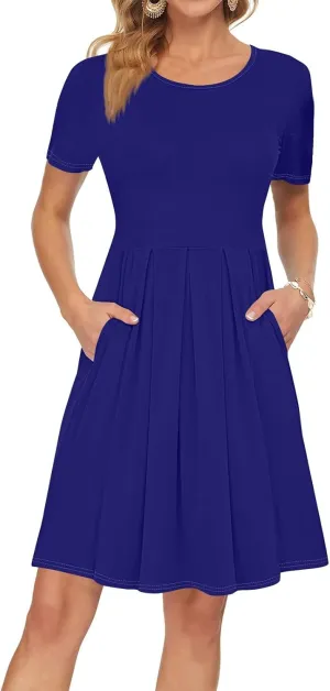 lcyhony Midi Dresses for Women Casual Summer Short Sleeve Crewneck Pleated Tshirt Dress Y2k Vacation Beach Dress with Pockets