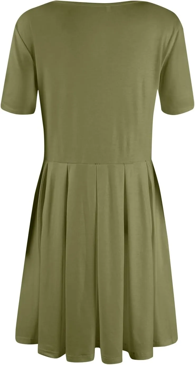 lcyhony Midi Dresses for Women Casual Summer Short Sleeve Crewneck Pleated Tshirt Dress Y2k Vacation Beach Dress with Pockets
