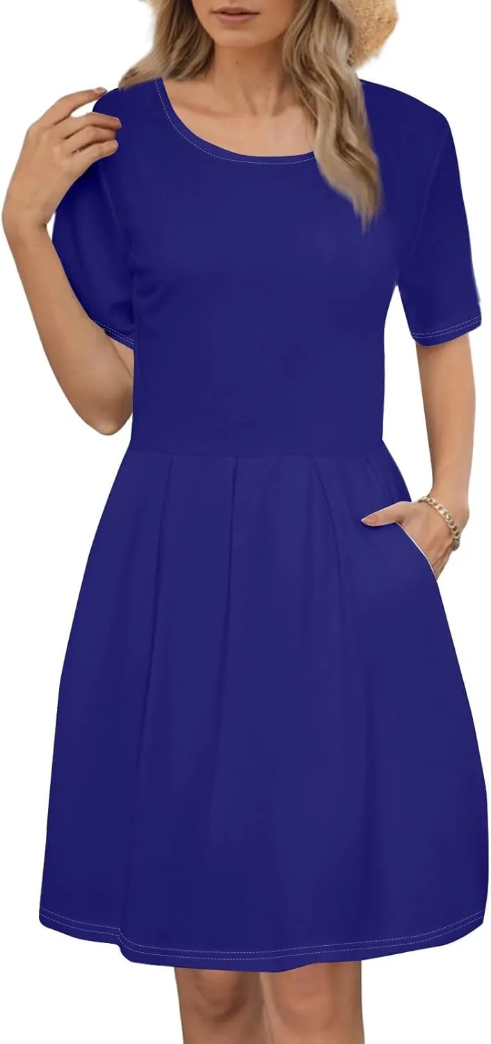lcyhony Midi Dresses for Women Casual Summer Short Sleeve Crewneck Pleated Tshirt Dress Y2k Vacation Beach Dress with Pockets