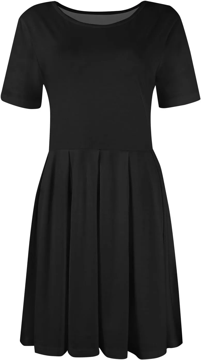 lcyhony Midi Dresses for Women Casual Summer Short Sleeve Crewneck Pleated Tshirt Dress Y2k Vacation Beach Dress with Pockets