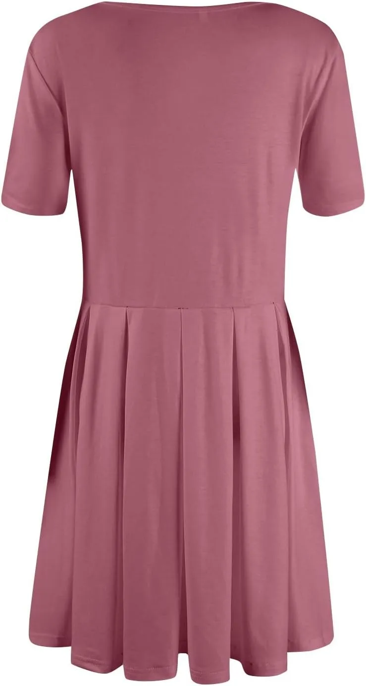 lcyhony Midi Dresses for Women Casual Summer Short Sleeve Crewneck Pleated Tshirt Dress Y2k Vacation Beach Dress with Pockets