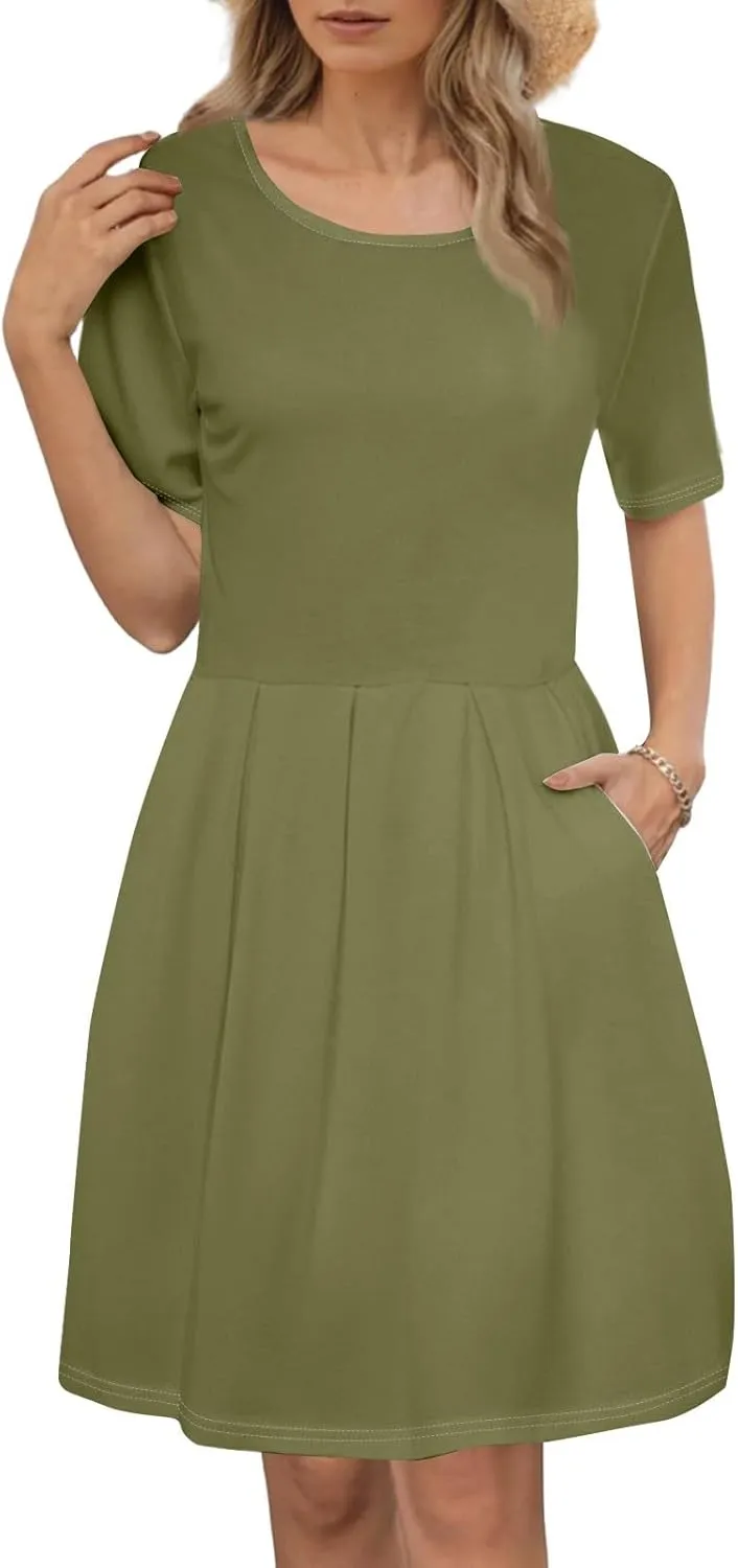lcyhony Midi Dresses for Women Casual Summer Short Sleeve Crewneck Pleated Tshirt Dress Y2k Vacation Beach Dress with Pockets