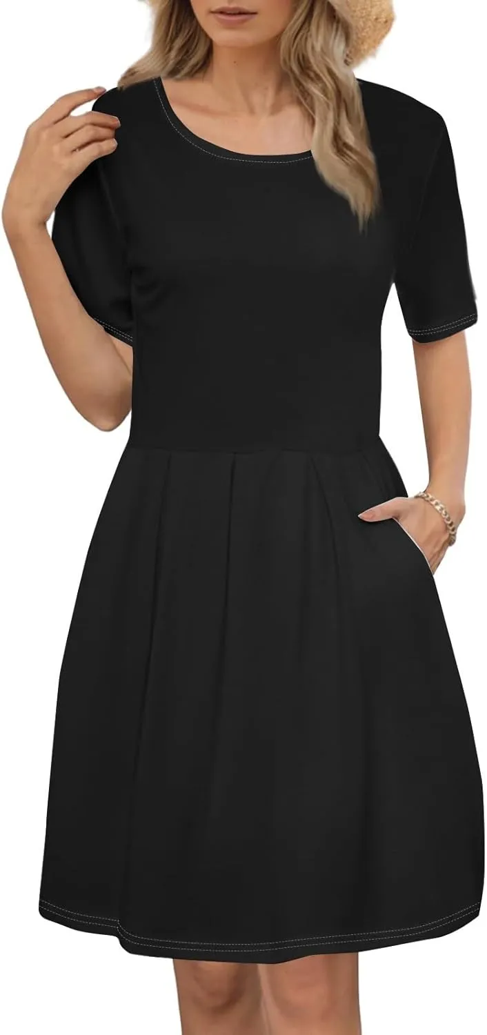 lcyhony Midi Dresses for Women Casual Summer Short Sleeve Crewneck Pleated Tshirt Dress Y2k Vacation Beach Dress with Pockets