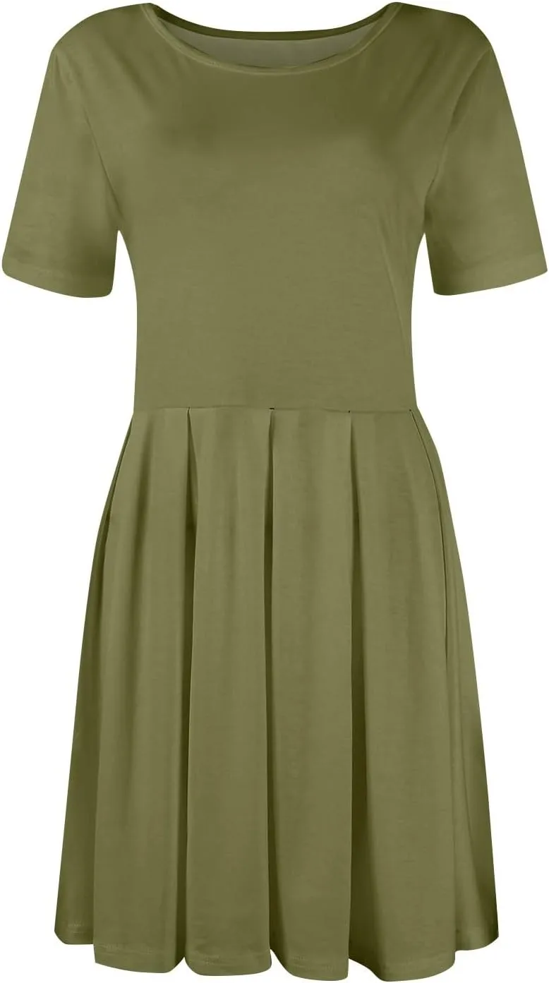 lcyhony Midi Dresses for Women Casual Summer Short Sleeve Crewneck Pleated Tshirt Dress Y2k Vacation Beach Dress with Pockets