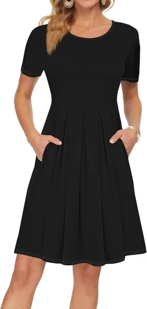 lcyhony Midi Dresses for Women Casual Summer Short Sleeve Crewneck Pleated Tshirt Dress Y2k Vacation Beach Dress with Pockets