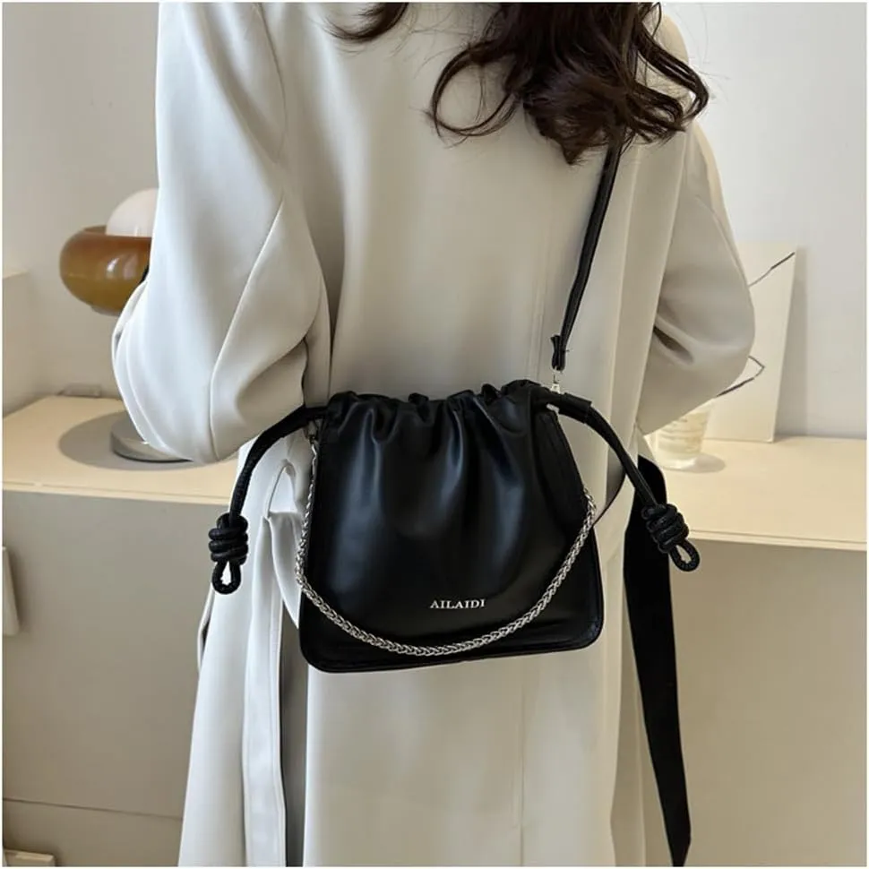 Leather Drawstring Bucket Bag Top-Handle Chain Hobo Crossbody Bucket Handbag Drawstring Bags and Purses