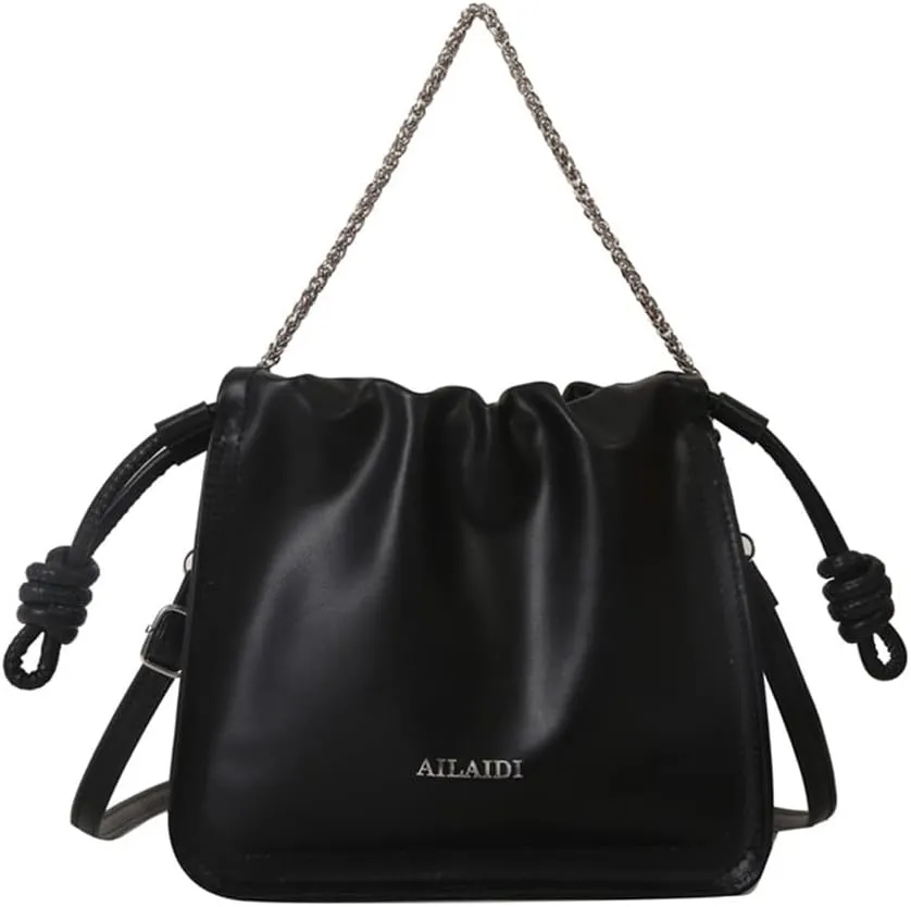Leather Drawstring Bucket Bag Top-Handle Chain Hobo Crossbody Bucket Handbag Drawstring Bags and Purses