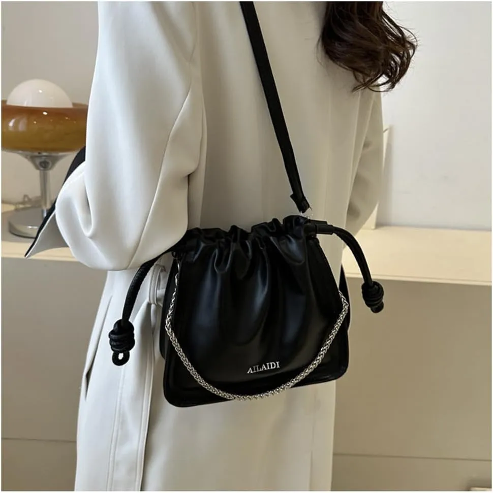 Leather Drawstring Bucket Bag Top-Handle Chain Hobo Crossbody Bucket Handbag Drawstring Bags and Purses