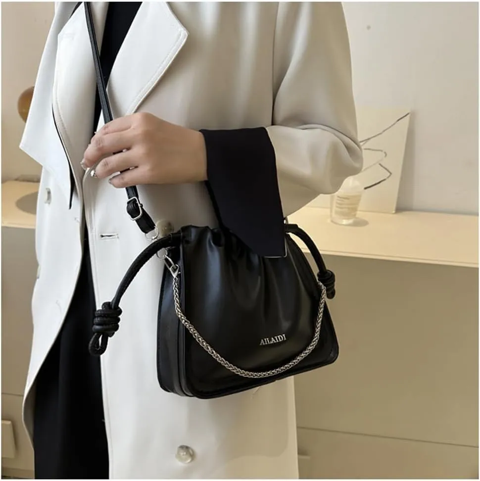 Leather Drawstring Bucket Bag Top-Handle Chain Hobo Crossbody Bucket Handbag Drawstring Bags and Purses