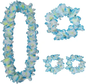 Leis for Luau Party, Thickened Hawaiian Blue 1 2 4 6 Set Leis Bulk, Tropical Flower Lei Headband Party Supplies