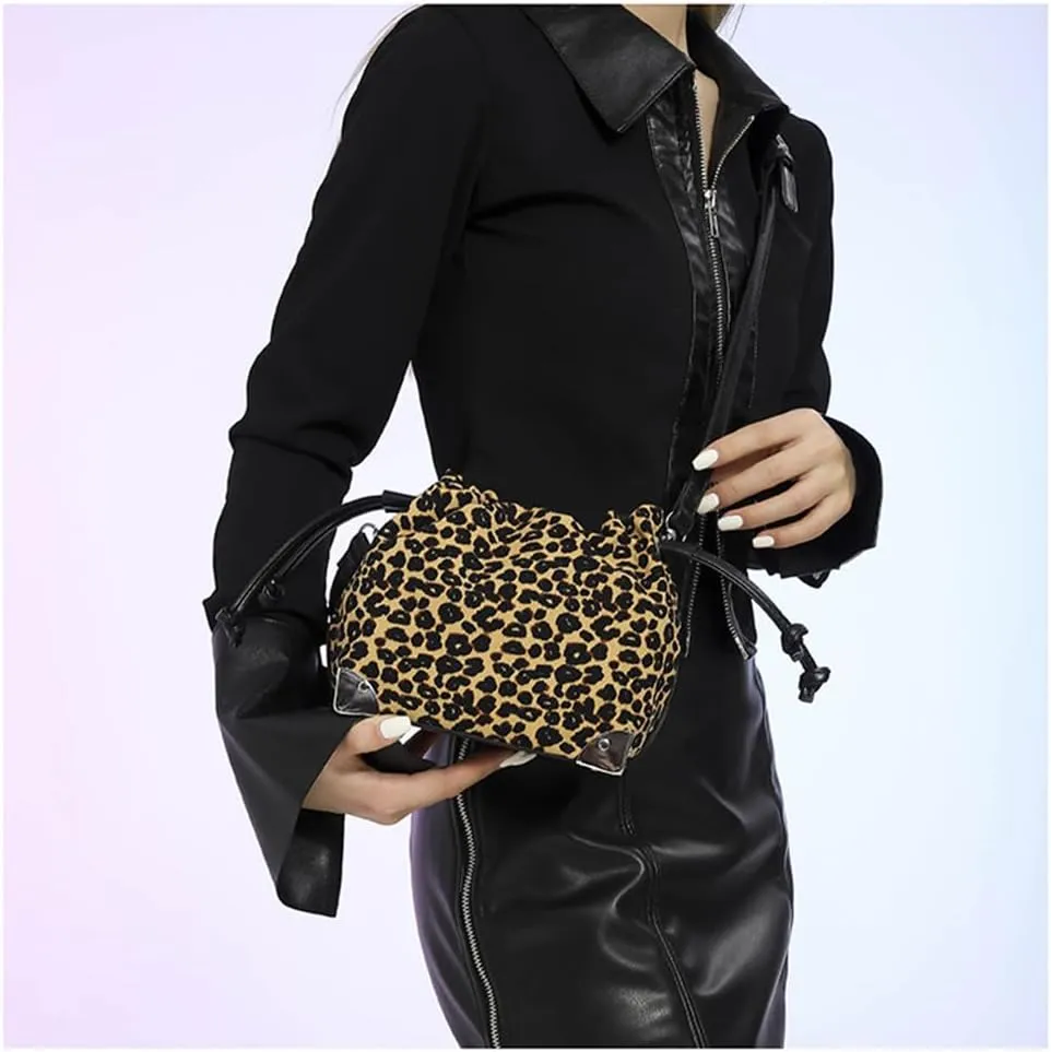 Leopard Print Drawstring Bucket Bag Hobo Crossbody Bucket Handbag and Purse Cheetah Print Satchel Drawstring Bag