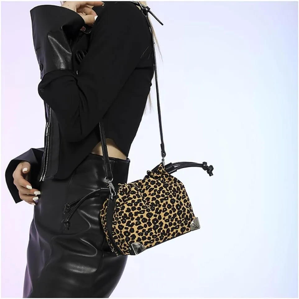 Leopard Print Drawstring Bucket Bag Hobo Crossbody Bucket Handbag and Purse Cheetah Print Satchel Drawstring Bag