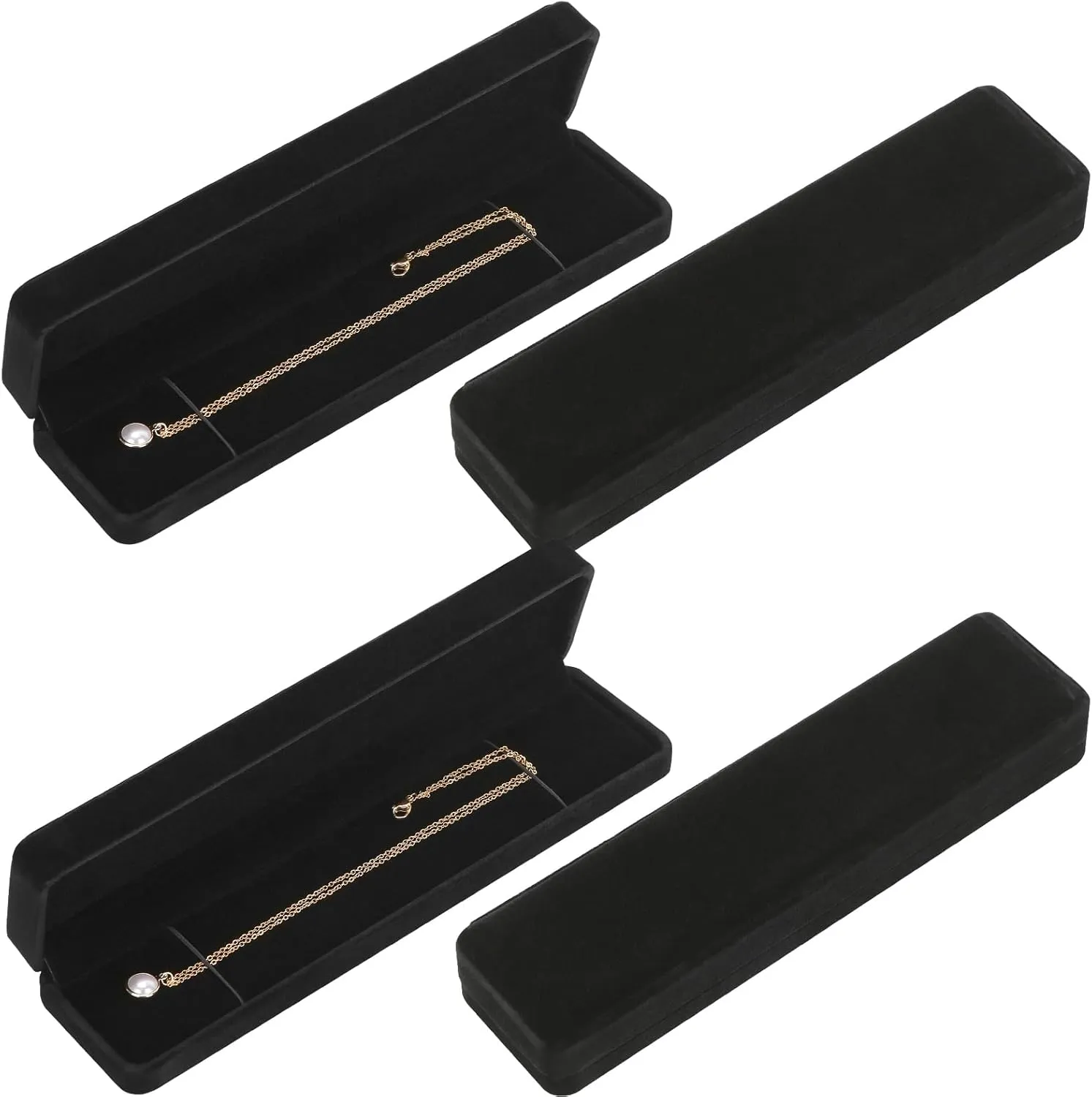 LETURE 4 Pieces Velvet Bracelet Necklace Pendant Jewelry Box, Small Long Jewelry Watch Gift Box for Proposal, Wedding, Engagement, Christmas (BLACK-4PCS)