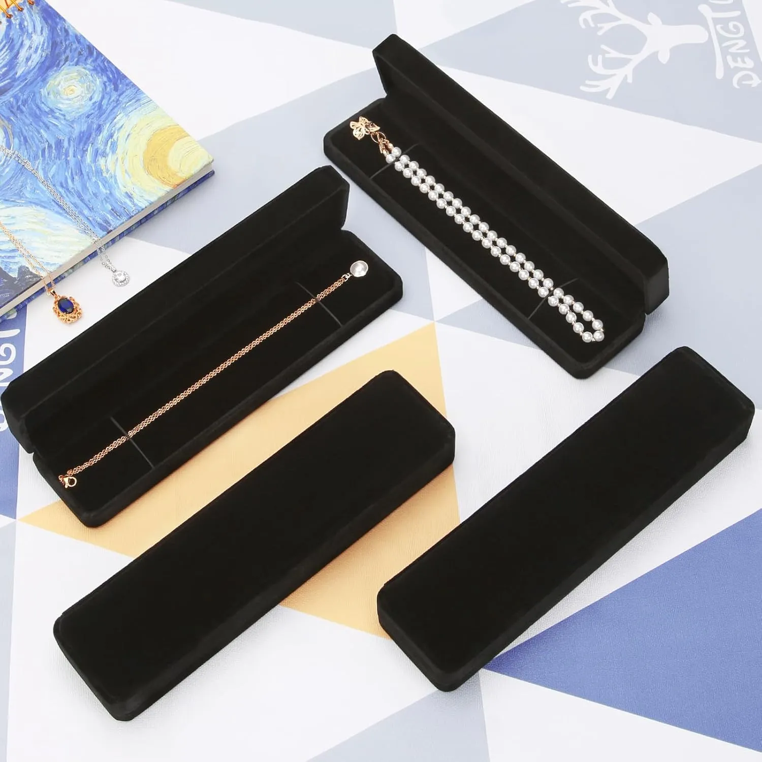 LETURE 4 Pieces Velvet Bracelet Necklace Pendant Jewelry Box, Small Long Jewelry Watch Gift Box for Proposal, Wedding, Engagement, Christmas (BLACK-4PCS)