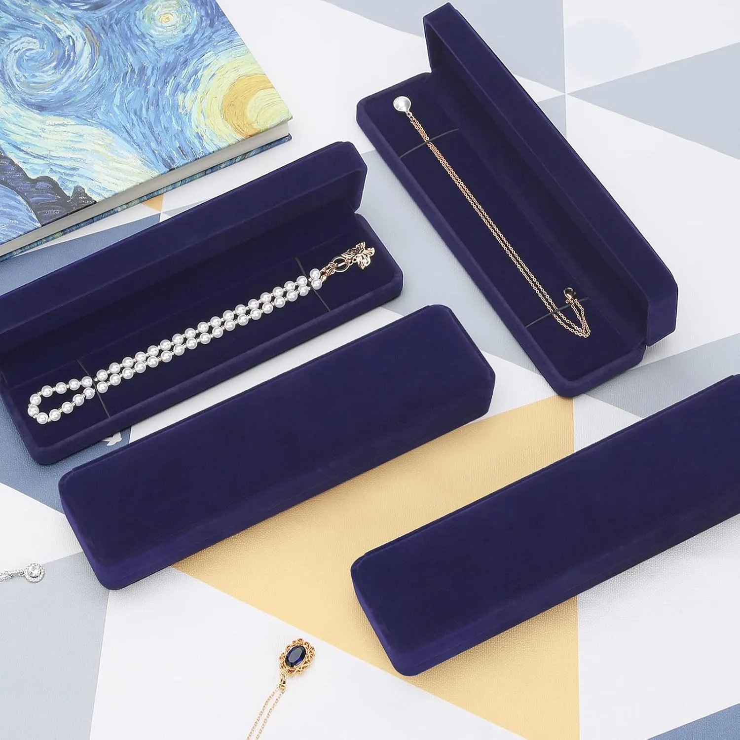 LETURE 4 Pieces Velvet Bracelet Necklace Pendant Jewelry Box, Small Long Jewelry Watch Gift Box for Proposal, Wedding, Engagement, Christmas (BLUE-4PCS)