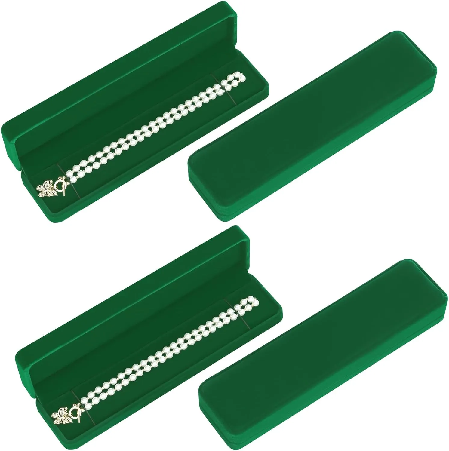 LETURE 4 Pieces Velvet Bracelet Necklace Pendant Jewelry Box, Small Long Jewelry Watch Gift Box for Proposal, Wedding, Engagement, Christmas (GREEN-4PCS)