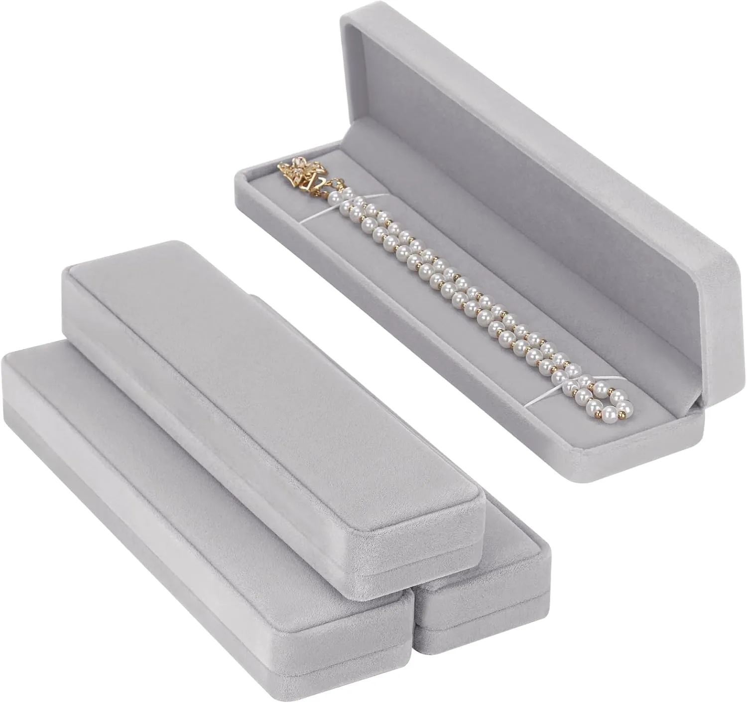 LETURE 4 Pieces Velvet Bracelet Necklace Pendant Jewelry Box, Small Long Jewelry Watch Gift Box for Proposal, Wedding, Engagement, Christmas (GREY-4PCS)