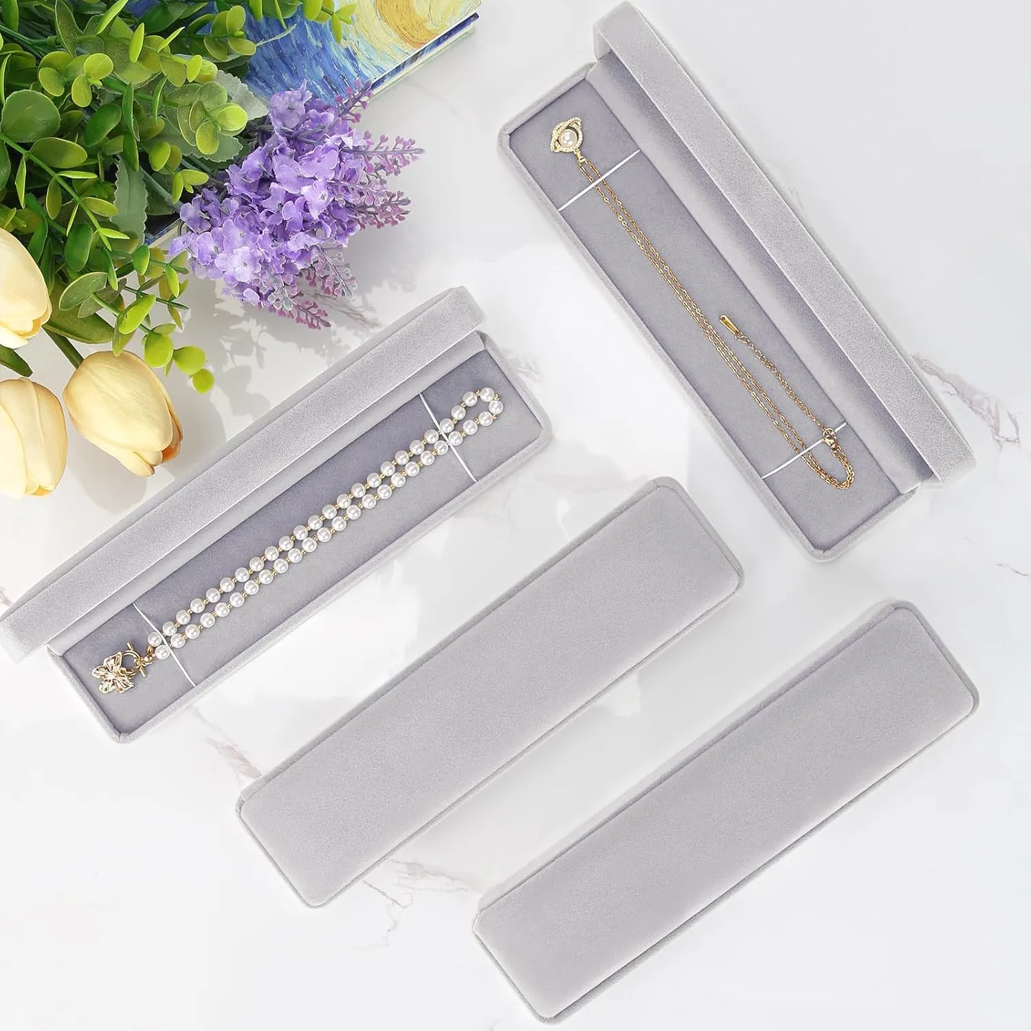 LETURE 4 Pieces Velvet Bracelet Necklace Pendant Jewelry Box, Small Long Jewelry Watch Gift Box for Proposal, Wedding, Engagement, Christmas (GREY-4PCS)