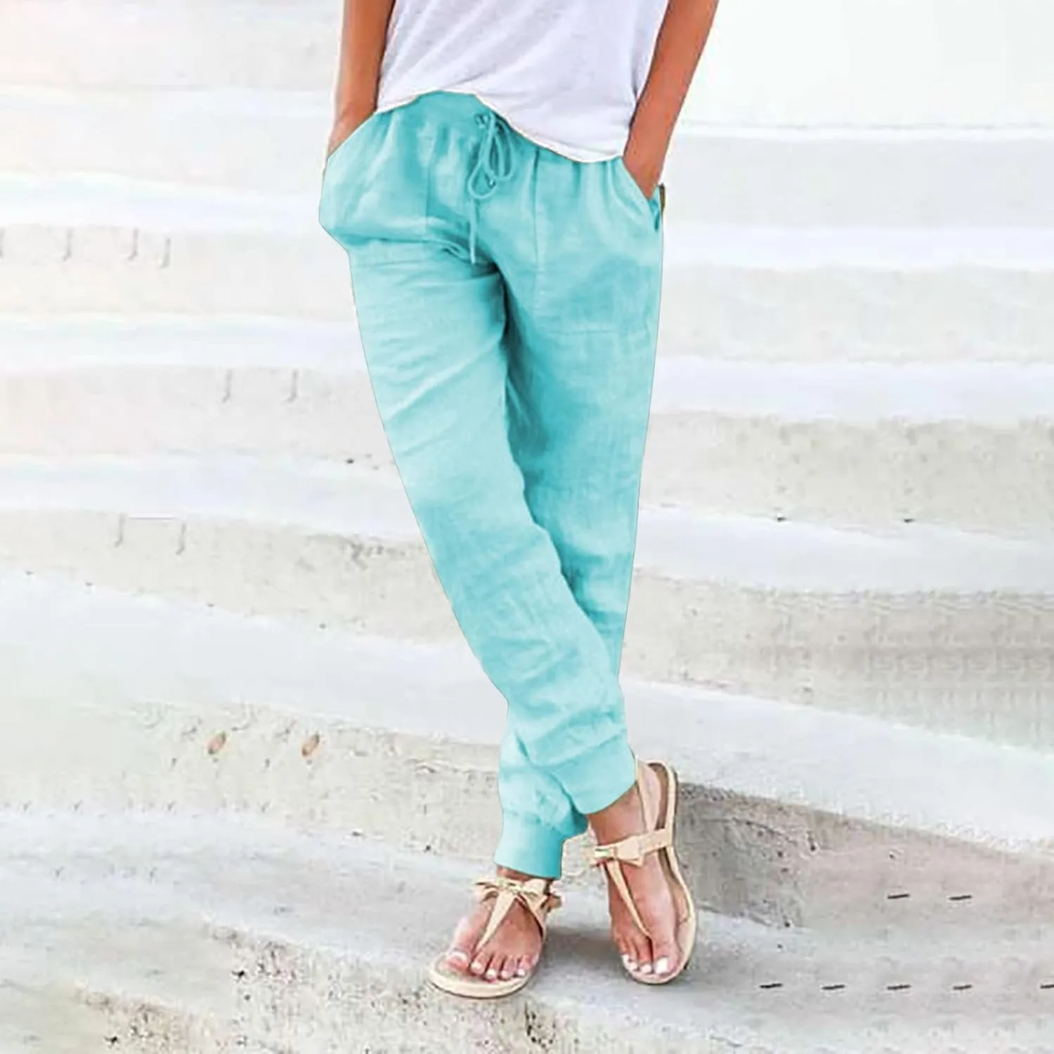 Linen Pants For Women 2025 Petite Summer Drawstring Elastic High Waist Comfy 2025 Lounge Vacation Tapered Trousers