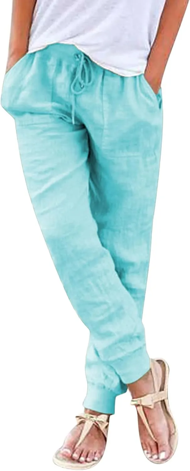 Linen Pants For Women 2025 Petite Summer Drawstring Elastic High Waist Comfy 2025 Lounge Vacation Tapered Trousers
