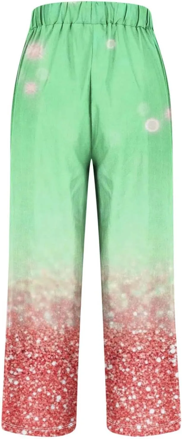 Linen Pants for Women High Waisted Wide Leg Trousers Trendy Gradient Color Printed Elastic Waist Summer Gauze Pants