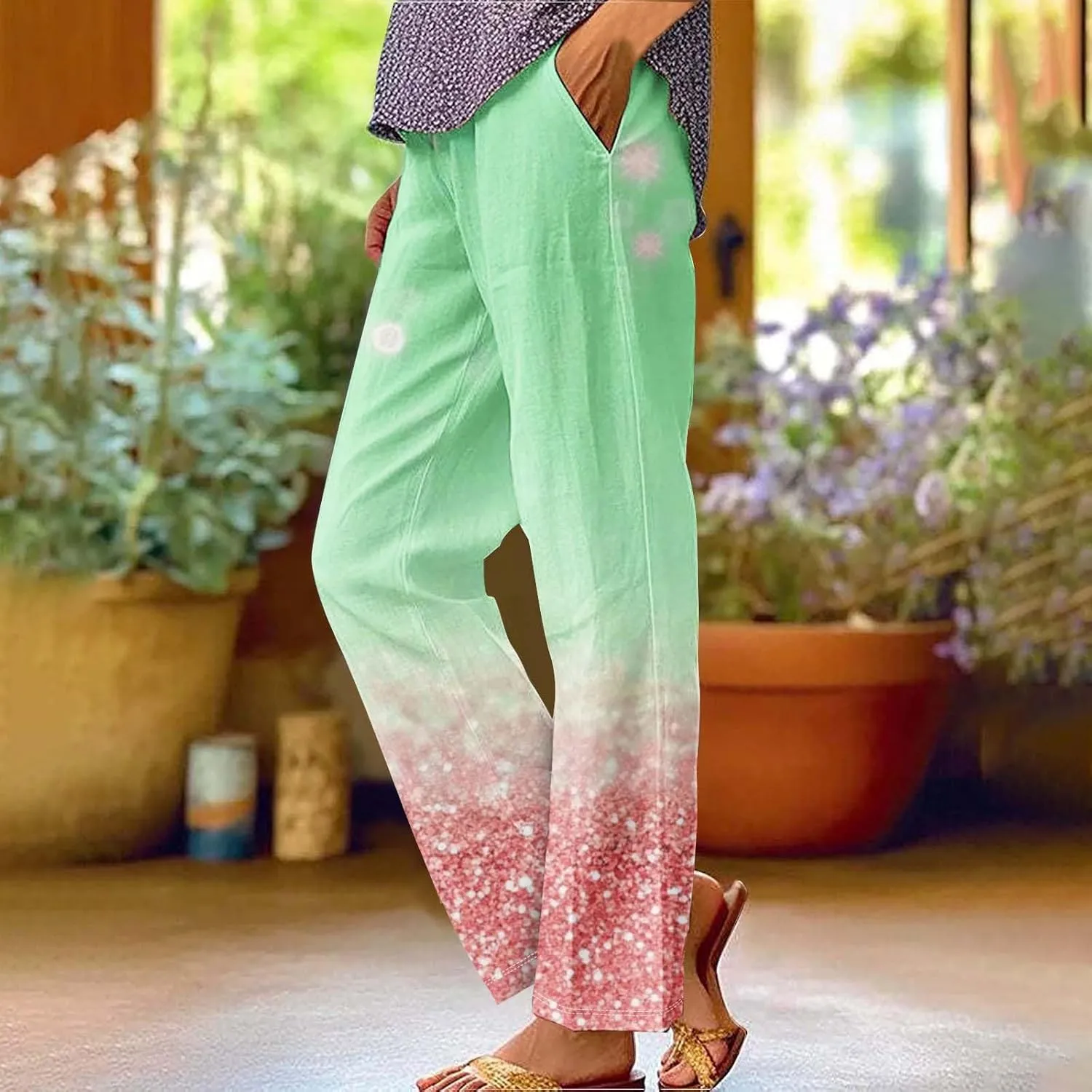 Linen Pants for Women High Waisted Wide Leg Trousers Trendy Gradient Color Printed Elastic Waist Summer Gauze Pants
