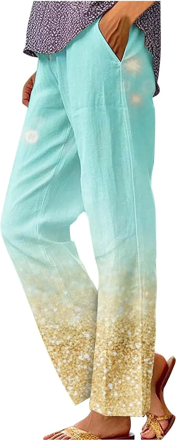 Linen Pants for Women High Waisted Wide Leg Trousers Trendy Gradient Color Printed Elastic Waist Summer Gauze Pants