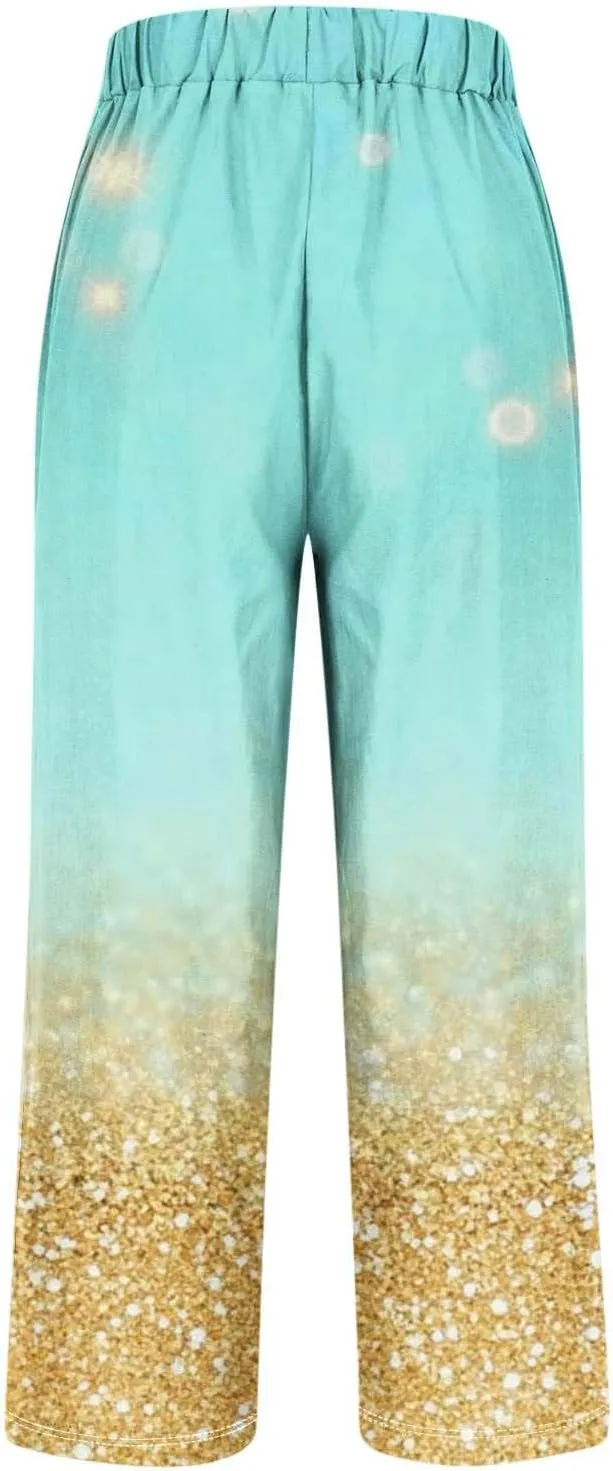 Linen Pants for Women High Waisted Wide Leg Trousers Trendy Gradient Color Printed Elastic Waist Summer Gauze Pants
