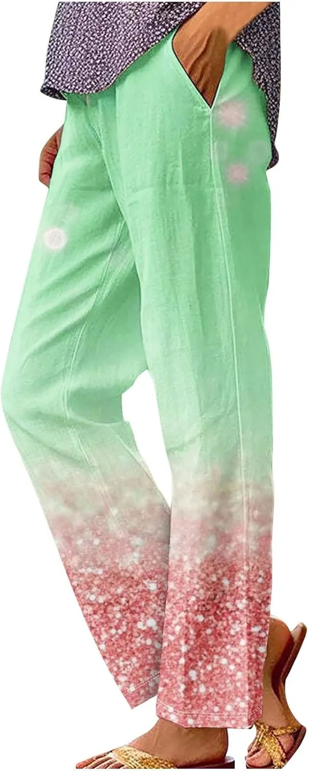 Linen Pants for Women High Waisted Wide Leg Trousers Trendy Gradient Color Printed Elastic Waist Summer Gauze Pants