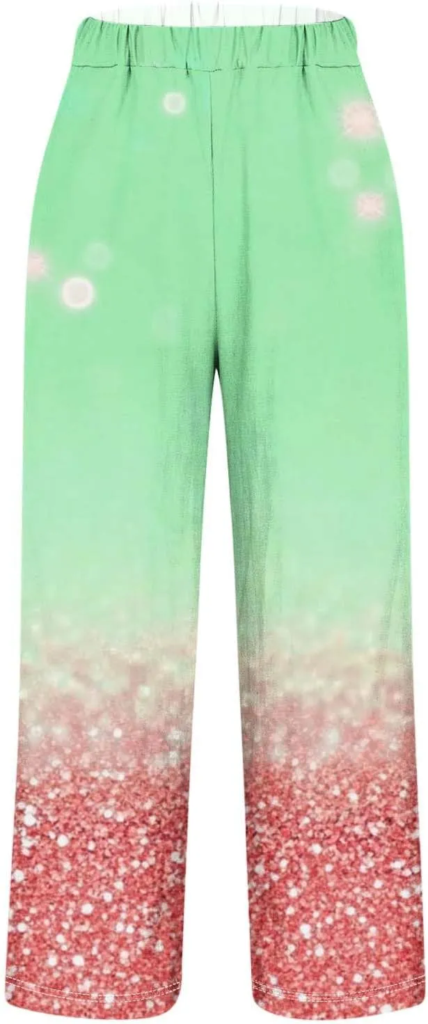 Linen Pants for Women High Waisted Wide Leg Trousers Trendy Gradient Color Printed Elastic Waist Summer Gauze Pants
