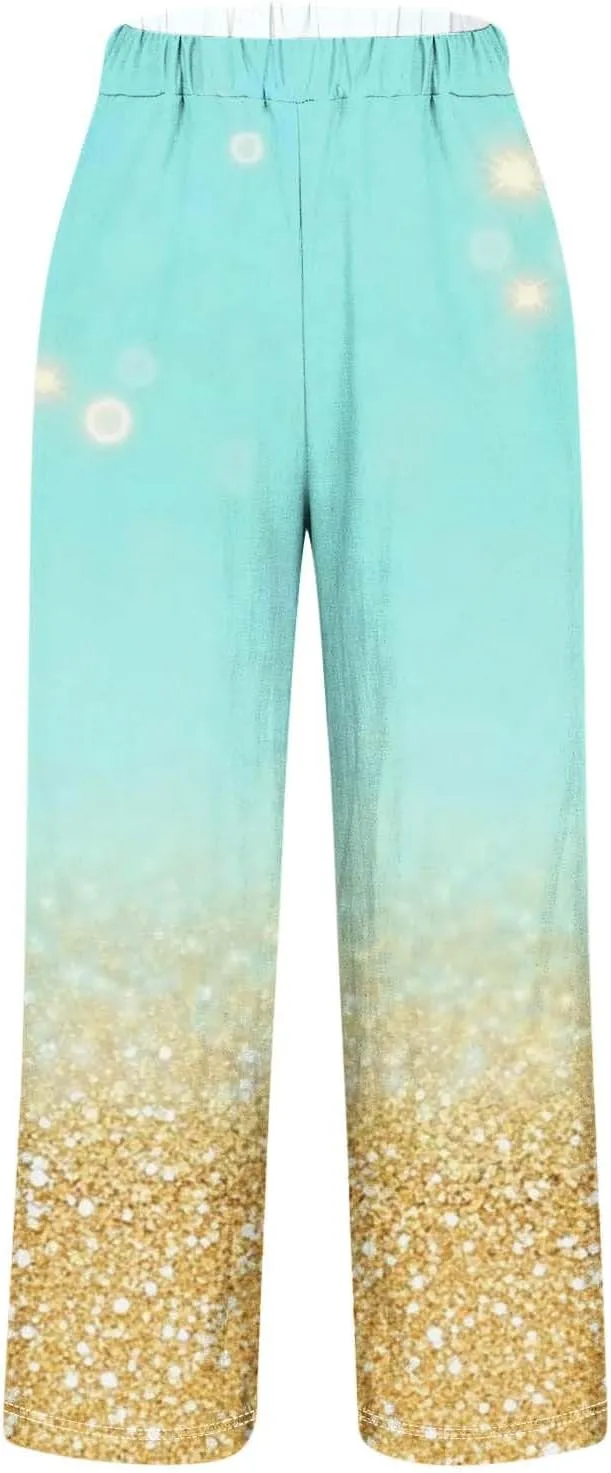 Linen Pants for Women High Waisted Wide Leg Trousers Trendy Gradient Color Printed Elastic Waist Summer Gauze Pants