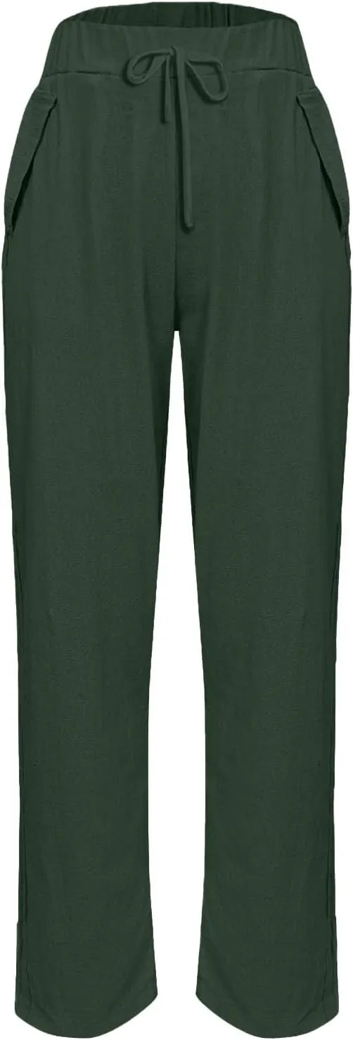 Linen Pants Women Straight Leg Drawstring Casual Trousers Pockets Beach Vacation Lounge Palazzo High Waist Pants