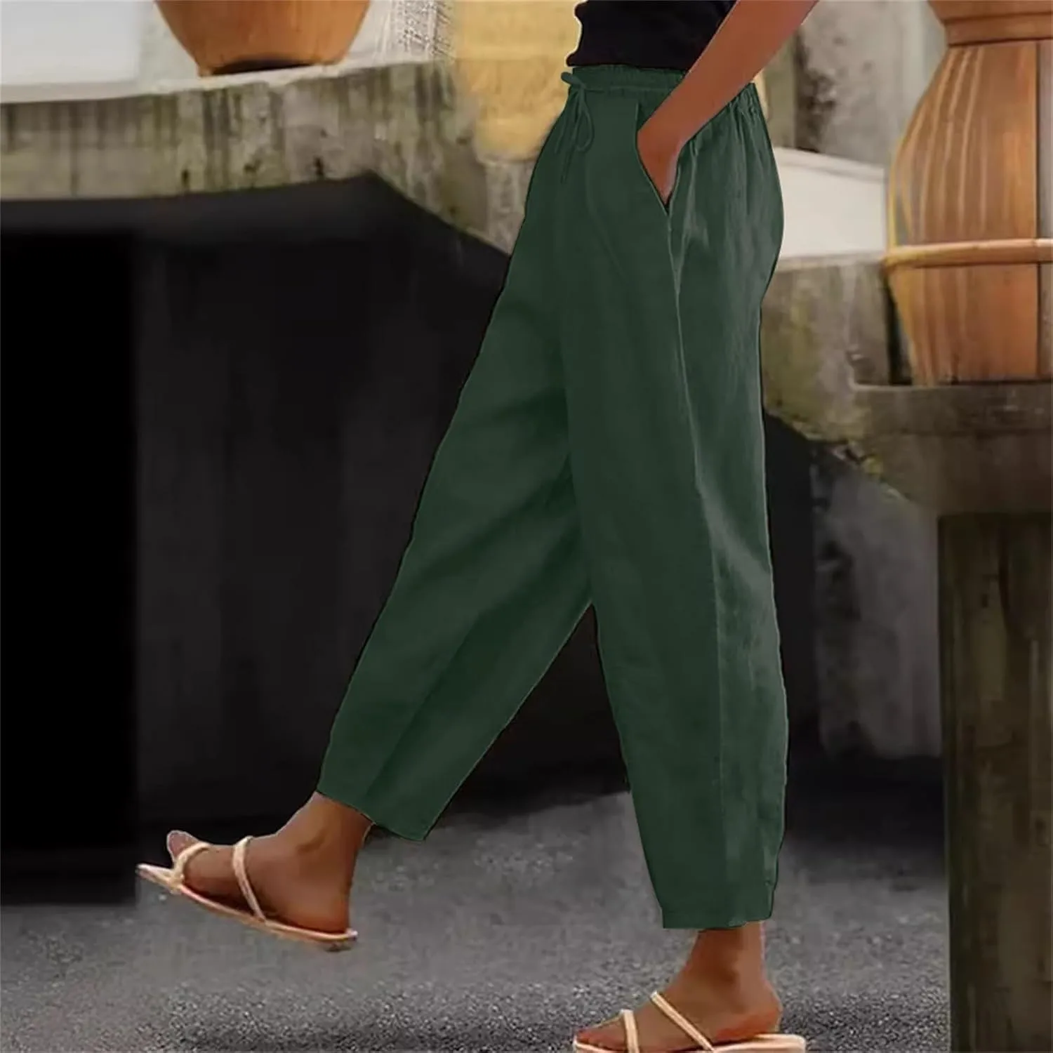 Linen Pants Women Straight Leg Drawstring Casual Trousers Pockets Beach Vacation Lounge Palazzo High Waist Pants
