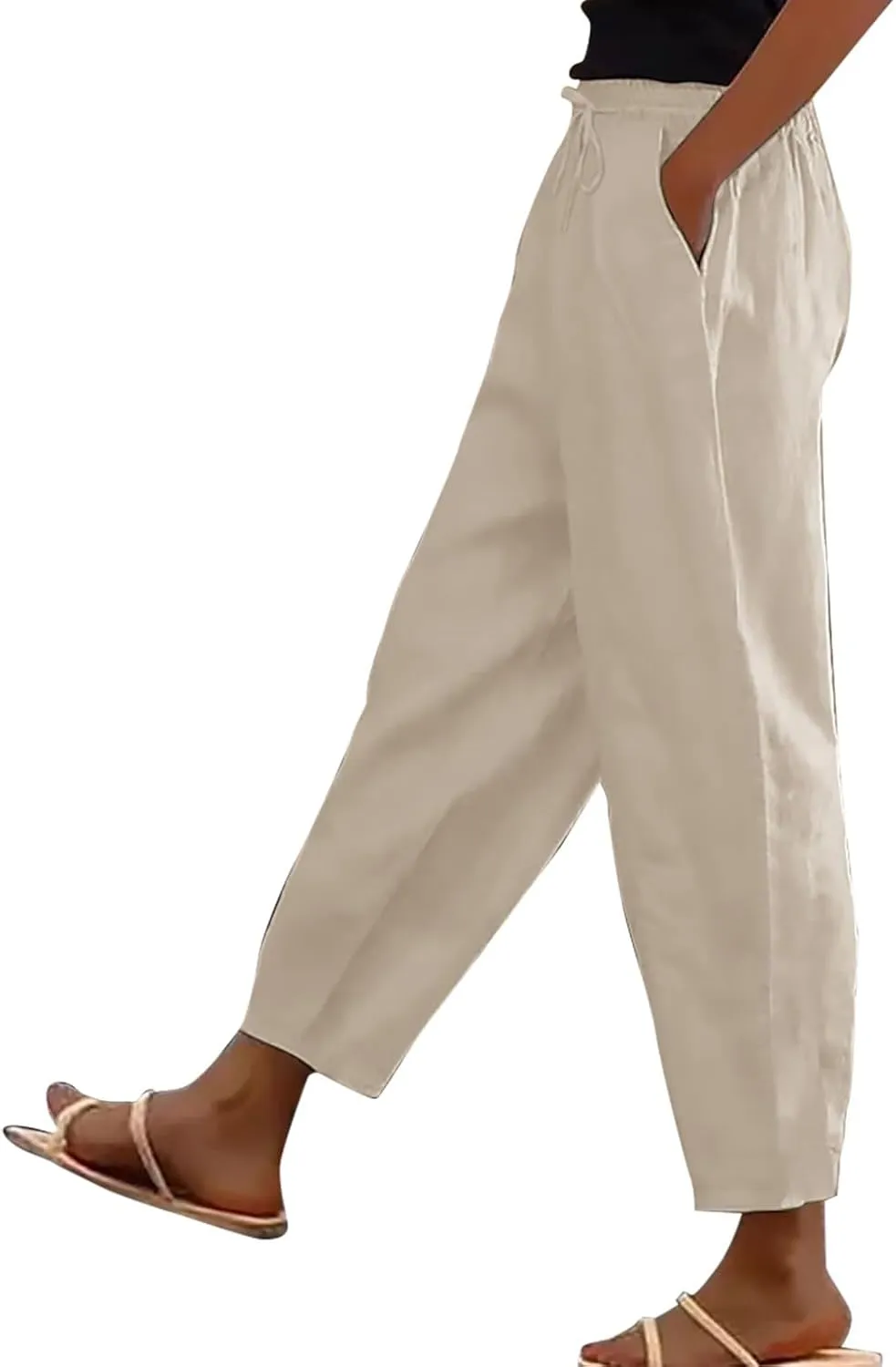 Linen Pants Women Straight Leg Drawstring Casual Trousers Pockets Beach Vacation Lounge Palazzo High Waist Pants